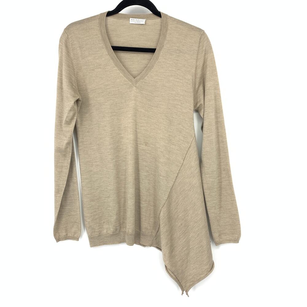 Brunello Cucinelli Asymmetrical V-Neck Sweater Fine Knit Beige Pullover Sz Small